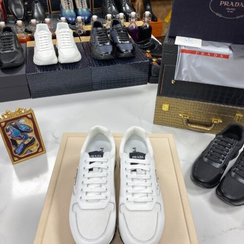 sy_no_CC93027CCC24BD9EB1C3D07F0C664549_0 Prada White Mesh Leather Triangle Trainer