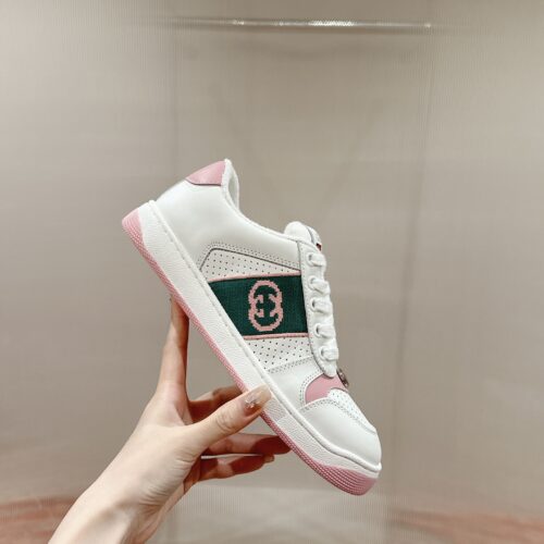sy_no_CCC25340C232CDBDDCC485BCFE930C92_0 Gucci Screener Sneaker in White Leather with Pink & Green Details