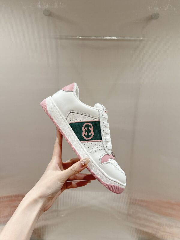 sy_no_CCC25340C232CDBDDCC485BCFE930C92_0 Gucci Screener Sneaker in White Leather with Pink & Green Details