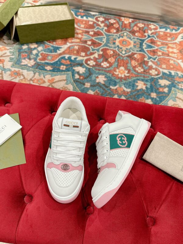 sy_no_CCC25340C232CDBDDCC485BCFE930C92_1 Gucci Screener Sneaker in White Leather with Pink & Green Details
