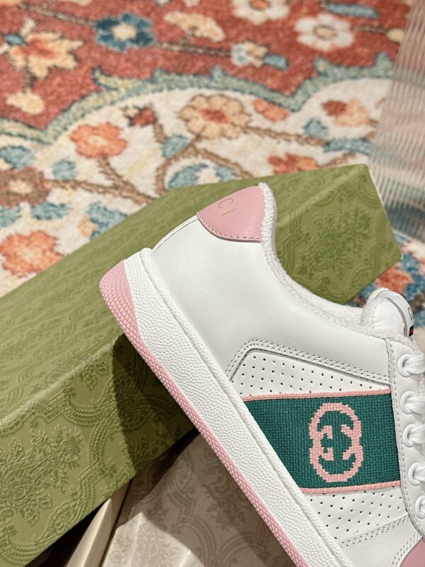 sy_no_CCC25340C232CDBDDCC485BCFE930C92_2 Gucci Screener Sneaker in White Leather with Pink & Green Details