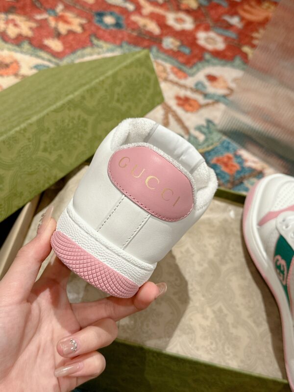 sy_no_CCC25340C232CDBDDCC485BCFE930C92_5 Gucci Screener Sneaker in White Leather with Pink & Green Details