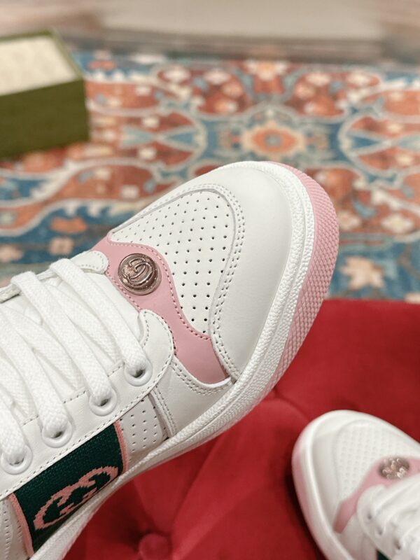 sy_no_CCC25340C232CDBDDCC485BCFE930C92_6 Gucci Screener Sneaker in White Leather with Pink & Green Details