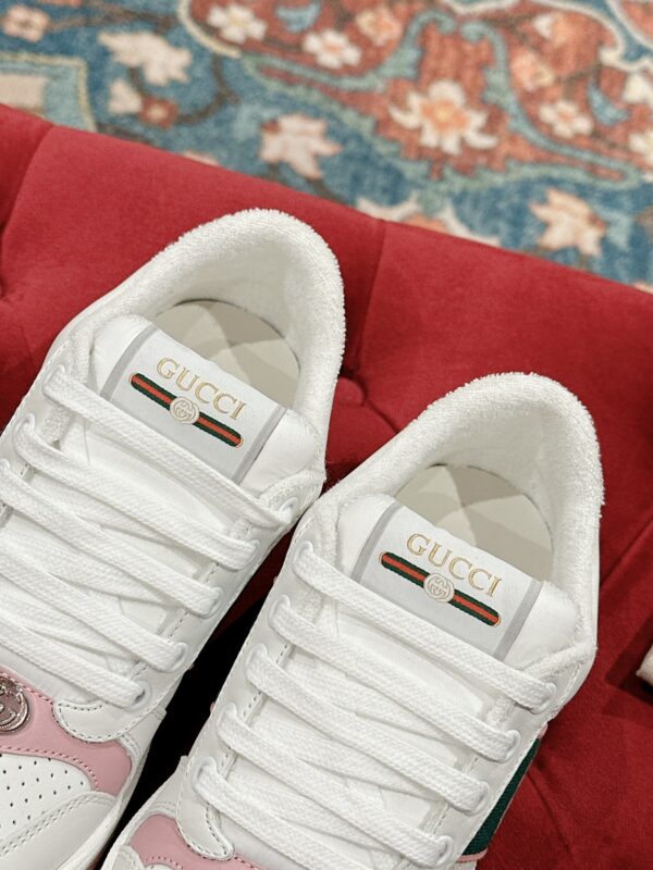 sy_no_CCC25340C232CDBDDCC485BCFE930C92_8 Gucci Screener Sneaker in White Leather with Pink & Green Details