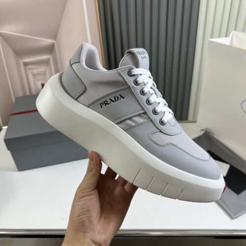 sy_no_CD90253E77C1E41BF42D0DEFD0EF3AEC_0 Prada Grey Mesh Leather Chunky Sole Sneaker