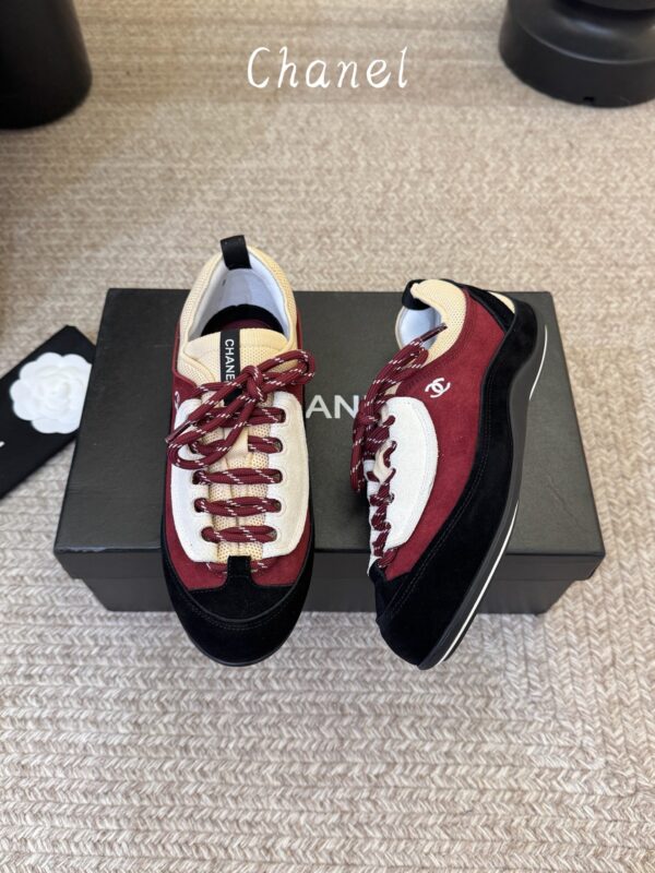 sy_no_CE4EAE4E3A6DFD8E8BDE72E1B996287E_1 Chanel Burgundy and Beige Low-Top Sneaker with Black Suede and CC Logo