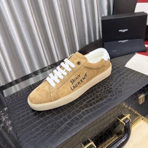 sy_no_D207FAA932C664219A3332212C43BC46_0 Saint Laurent Tan Suede White Heel Low-Top Sneaker