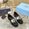 Prada Black Patent Metal Ring Pearl Block-Heel Loafer