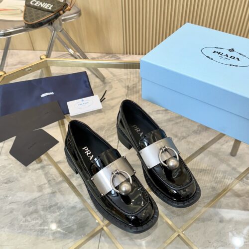 Prada Black Patent Metal Ring Pearl Block-Heel Loafer