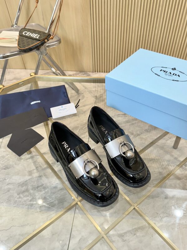 Prada Black Patent Metal Ring Pearl Block-Heel Loafer