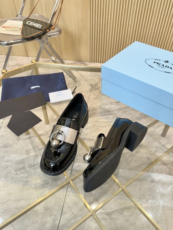 Prada Black Patent Metal Ring Pearl Block-Heel Loafer