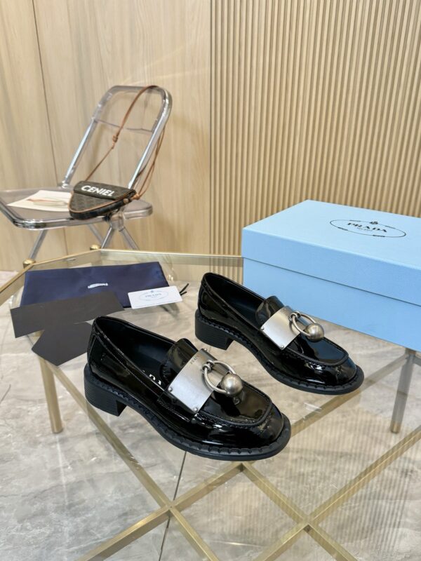 Prada Black Patent Metal Ring Pearl Block-Heel Loafer