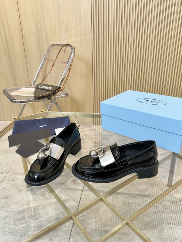 Prada Black Patent Metal Ring Pearl Block-Heel Loafer