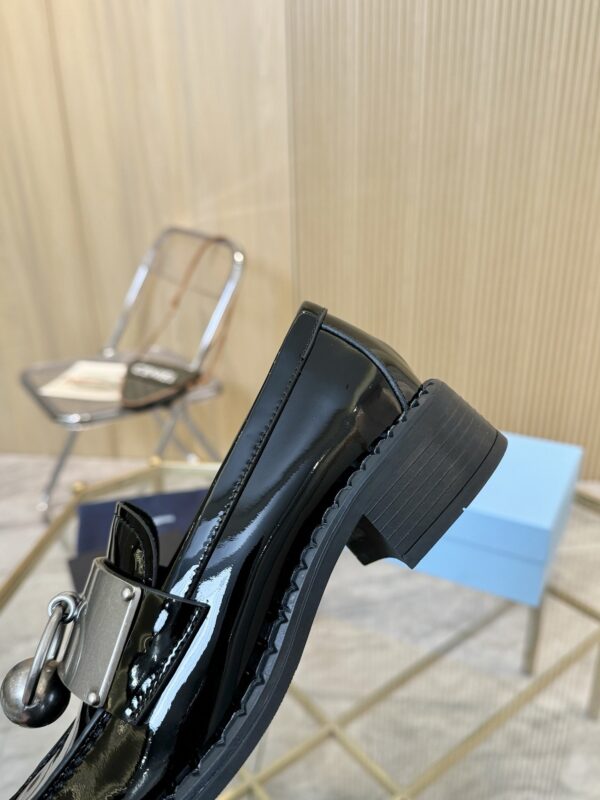 Prada Black Patent Metal Ring Pearl Block-Heel Loafer