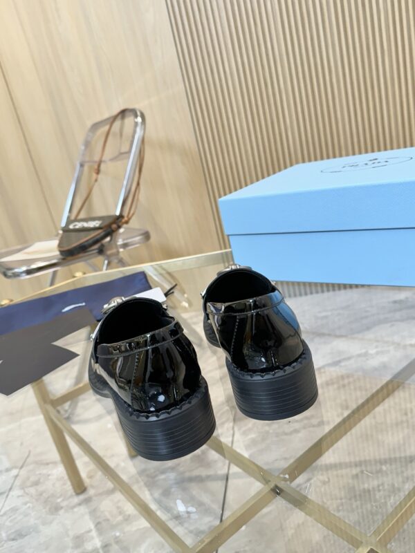Prada Black Patent Metal Ring Pearl Block-Heel Loafer