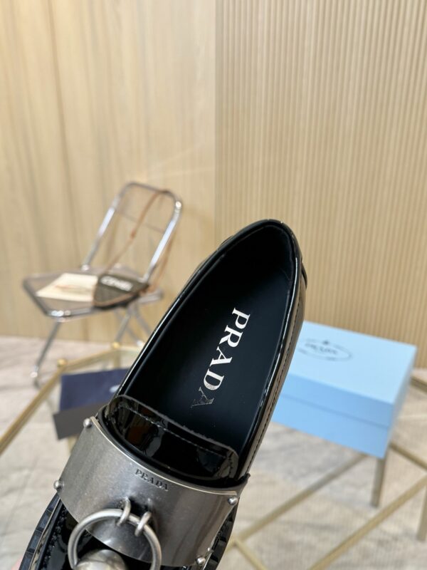 Prada Black Patent Metal Ring Pearl Block-Heel Loafer