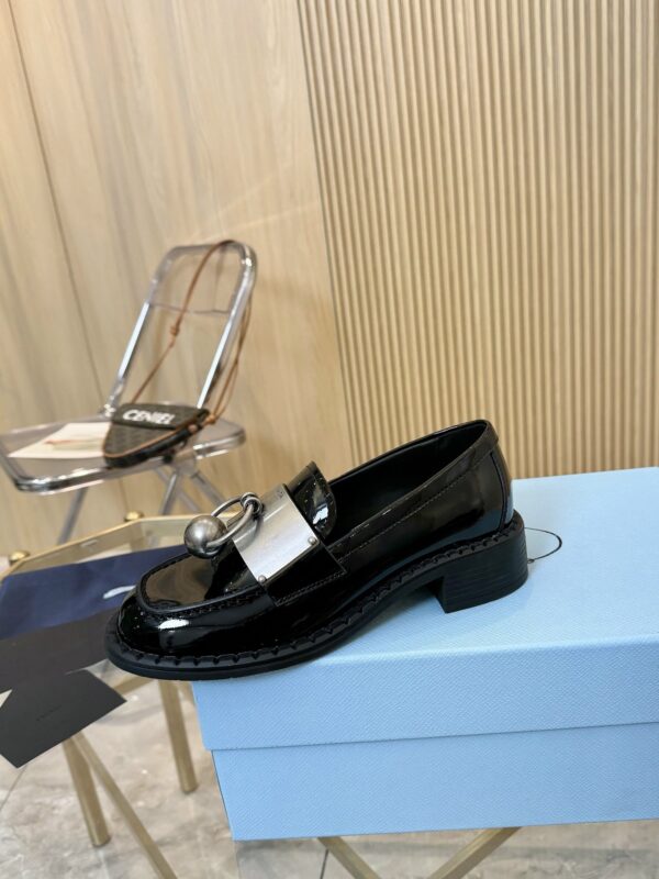 Prada Black Patent Metal Ring Pearl Block-Heel Loafer