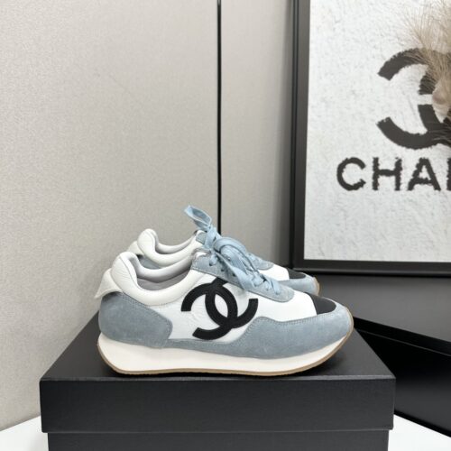 sy_no_D424E62A710CB81066D5EC9BBB4216D9_0 Chanel Light Blue and White Low-Top Sneaker with Suede Detailing and Black CC Logo