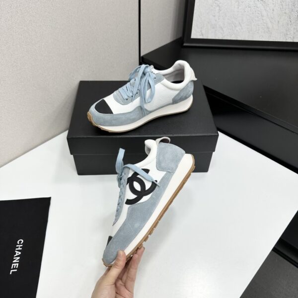sy_no_D424E62A710CB81066D5EC9BBB4216D9_2 Chanel Light Blue and White Low-Top Sneaker with Suede Detailing and Black CC Logo