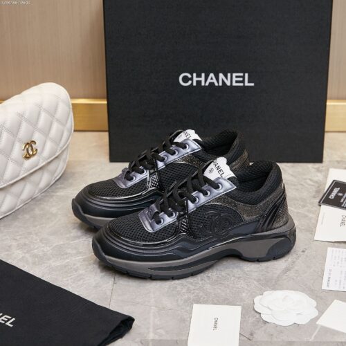 Chanel Black Mesh and Metallic Low-Top Chunky Sneaker with CC Logo