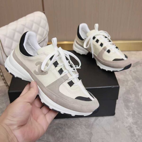 Chanel Off-White and Grey Low-Top Sneaker with Suede Detailing and CC Logo