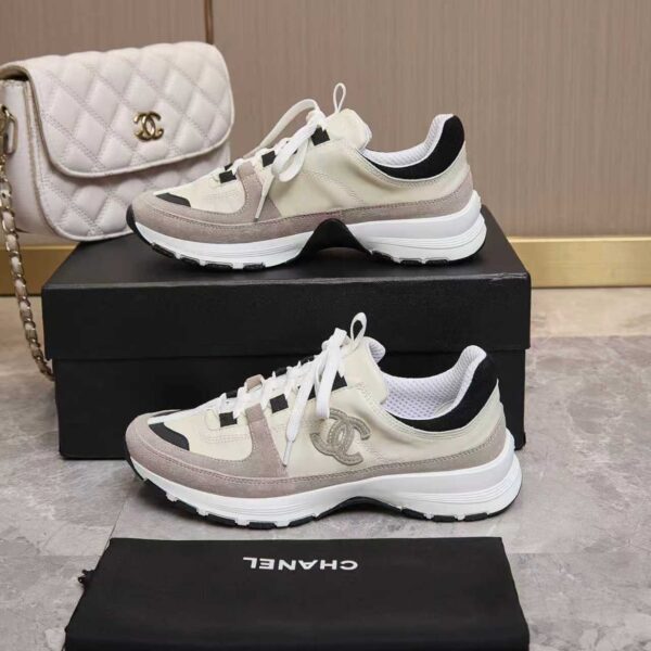 Chanel Off-White and Grey Low-Top Sneaker with Suede Detailing and CC Logo