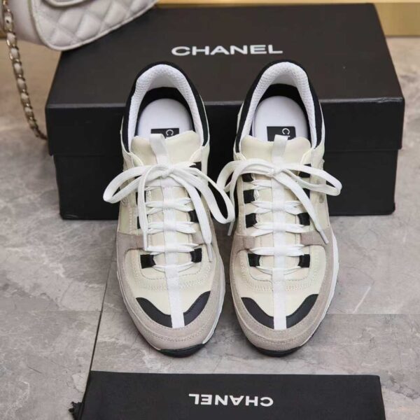 Chanel Off-White and Grey Low-Top Sneaker with Suede Detailing and CC Logo