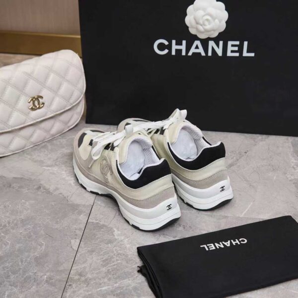Chanel Off-White and Grey Low-Top Sneaker with Suede Detailing and CC Logo