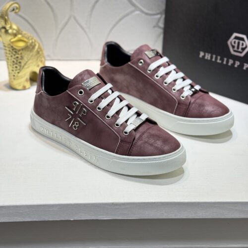 Philipp Plein Wine Red Vintage Leather Metal-Logo Low-Top Sneaker