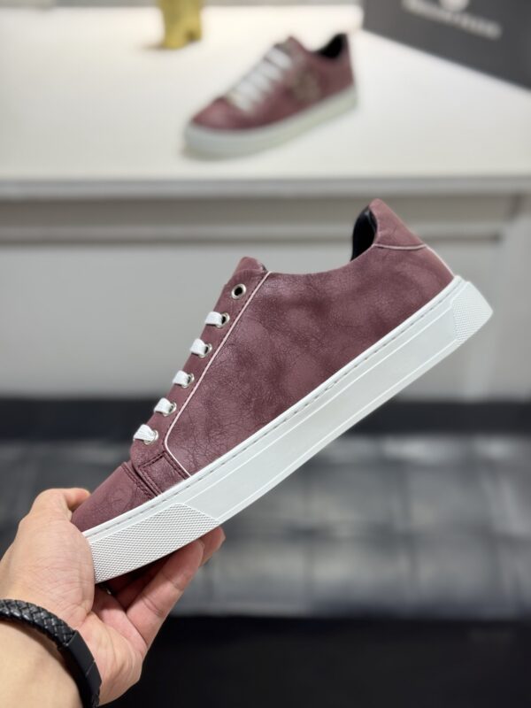 sy_no_DC00EFF0CA9A7979A0CEE573B5540073_5 Philipp Plein Wine Red Vintage Leather Metal-Logo Low-Top Sneaker