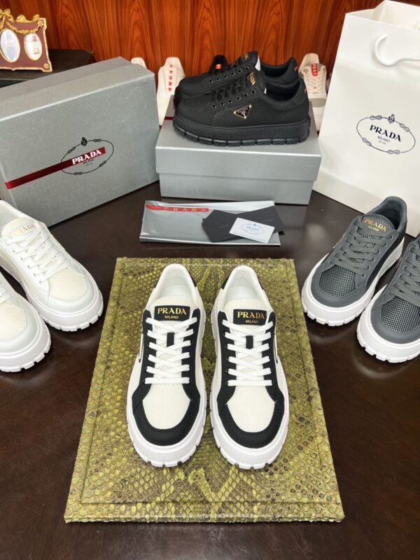 Prada White-Black Mesh Metal-Triangle Tread Platform Sneaker