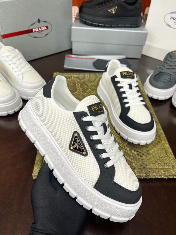 Prada White-Black Mesh Metal-Triangle Tread Platform Sneaker