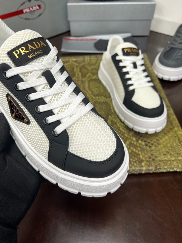 Prada White-Black Mesh Metal-Triangle Tread Platform Sneaker
