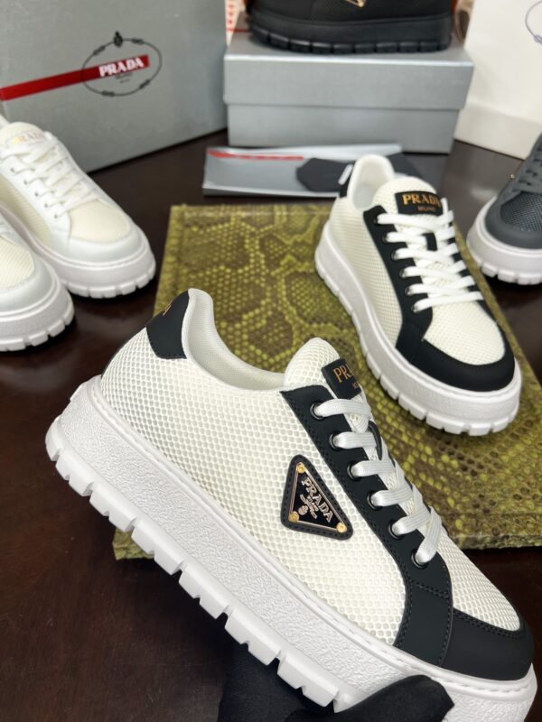 Prada White-Black Mesh Metal-Triangle Tread Platform Sneaker