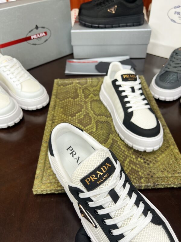Prada White-Black Mesh Metal-Triangle Tread Platform Sneaker