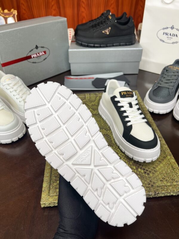 Prada White-Black Mesh Metal-Triangle Tread Platform Sneaker