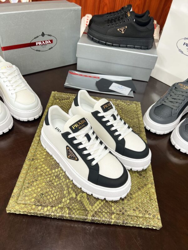 Prada White-Black Mesh Metal-Triangle Tread Platform Sneaker