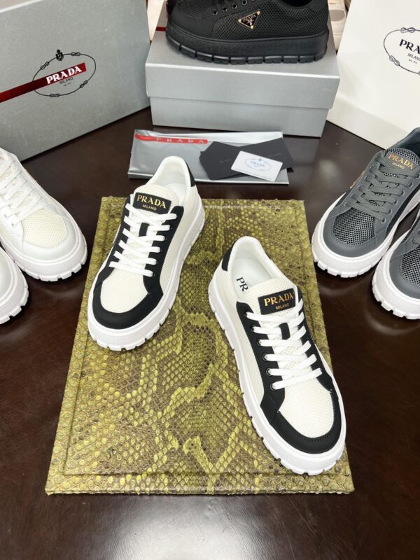 Prada White-Black Mesh Metal-Triangle Tread Platform Sneaker