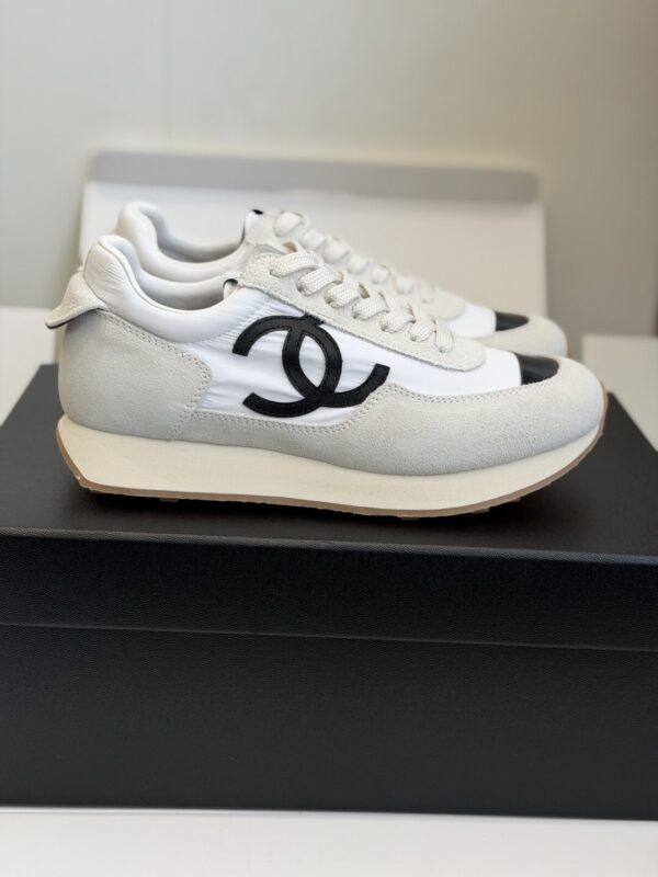 sy_no_DDE6F70509C357A7DC9D48E486735DAF_2 Chanel White and Grey Nylon and Suede Low-Top Sneaker with Black Toe Cap and CC Logo