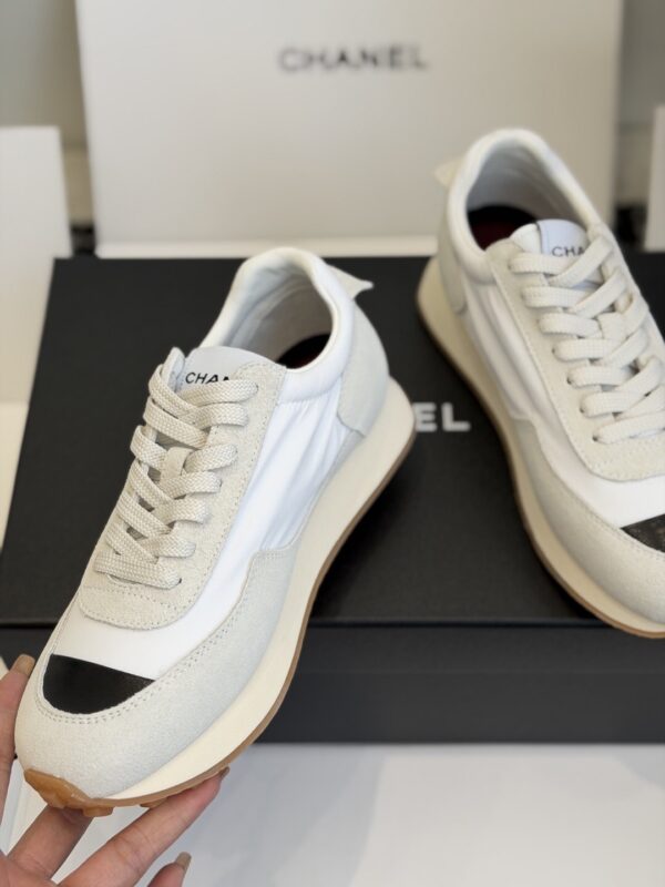 sy_no_DDE6F70509C357A7DC9D48E486735DAF_5 Chanel White and Grey Nylon and Suede Low-Top Sneaker with Black Toe Cap and CC Logo