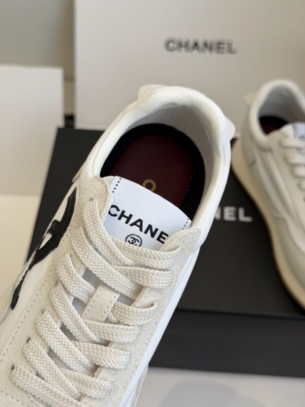 sy_no_DDE6F70509C357A7DC9D48E486735DAF_6 Chanel White and Grey Nylon and Suede Low-Top Sneaker with Black Toe Cap and CC Logo