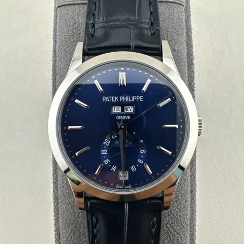 Patek Philippe Complex Function Timepiece Series Automatic Mechanical Movement Blue Dial 18K White Gold Case Crocodile Leather Strap