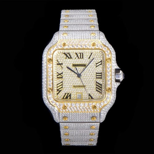 sy_no_E418BDED48E593E39777D45BEF2BBA04_0 Cartier Sandus series automatic mechanical movement with diamond studded Roman scale waterproof men's watch Swiss watch gold dial stainless steel case