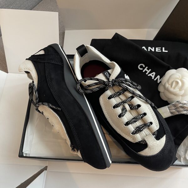 sy_no_E436F4017644242F837A7135DFD138F7_4 Chanel Black and White Suede and Fabric Low-Top Sneaker with Speckled Laces