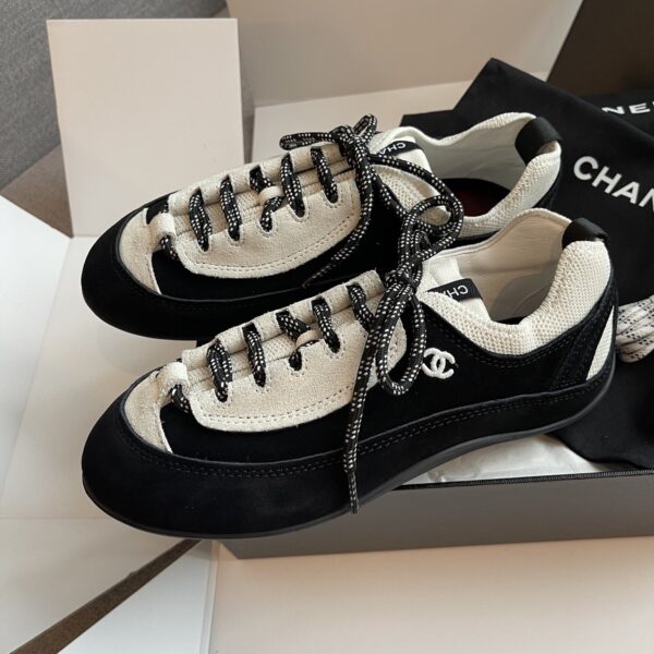 sy_no_E436F4017644242F837A7135DFD138F7_5 Chanel Black and White Suede and Fabric Low-Top Sneaker with Speckled Laces