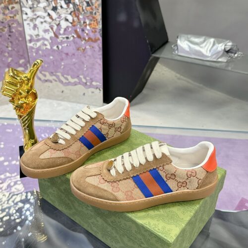 sy_no_E5A5D807F966029193279DF50B0E02A4_0 Gucci MAC8 GG Supreme Canvas & Suede Sneaker with Orange/Blue Web Stripe