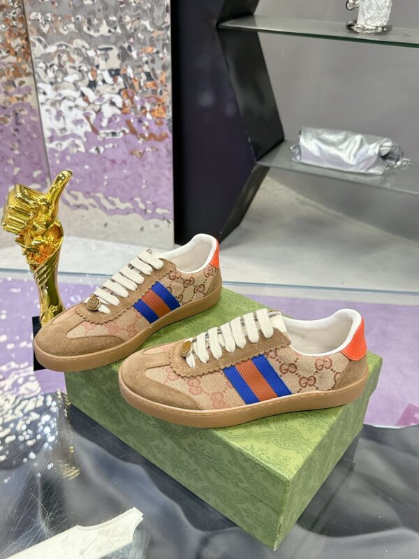 sy_no_E5A5D807F966029193279DF50B0E02A4_0 Gucci MAC8 GG Supreme Canvas & Suede Sneaker with Orange/Blue Web Stripe