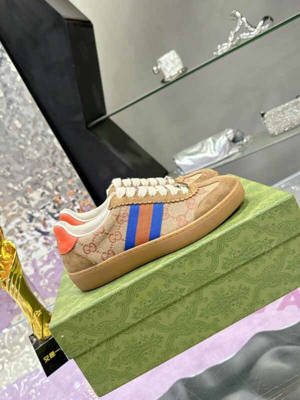 sy_no_E5A5D807F966029193279DF50B0E02A4_2 Gucci MAC8 GG Supreme Canvas & Suede Sneaker with Orange/Blue Web Stripe
