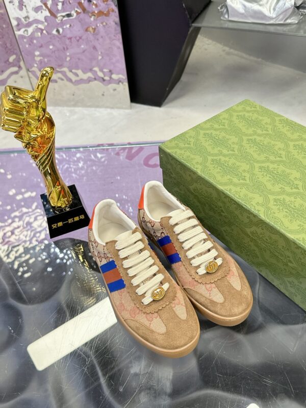 sy_no_E5A5D807F966029193279DF50B0E02A4_3 Gucci MAC8 GG Supreme Canvas & Suede Sneaker with Orange/Blue Web Stripe