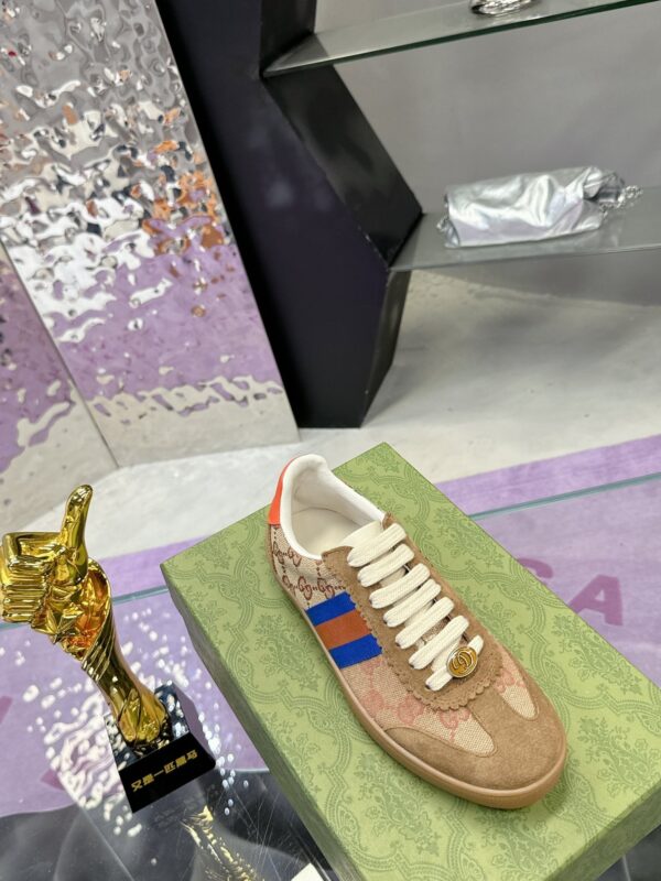 sy_no_E5A5D807F966029193279DF50B0E02A4_4 Gucci MAC8 GG Supreme Canvas & Suede Sneaker with Orange/Blue Web Stripe